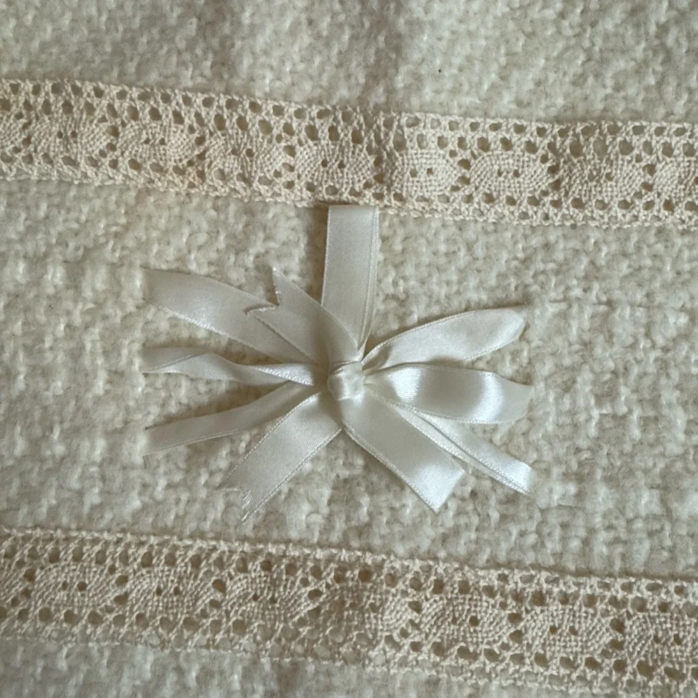 Irish baby blanket by Branigan Weavers Cream color with lace and satin bows